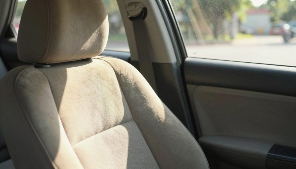 A sunlit interior of a car, showcasing the faded upholstery and slight structural degradation caused by UV rays over time. In the foreground, focus on a sun-bleached seat, highlighting the contrast between the vibrant material and the sun's damage. In the middle, show an open car window with sunlight streaming through, illuminating streaks of dust motes in the air. The background features a blurred view of an outdoor setting, perhaps a sunny street, emphasizing the bright sunlight and its impact. Use soft, warm lighting to evoke a sense of a hot summer day. Capture the image at a slight angle to enhance depth, with a focus on textures that illustrate the fading and wear on the upholstery. The mood should convey a sense of awareness about sun damage and its effects.