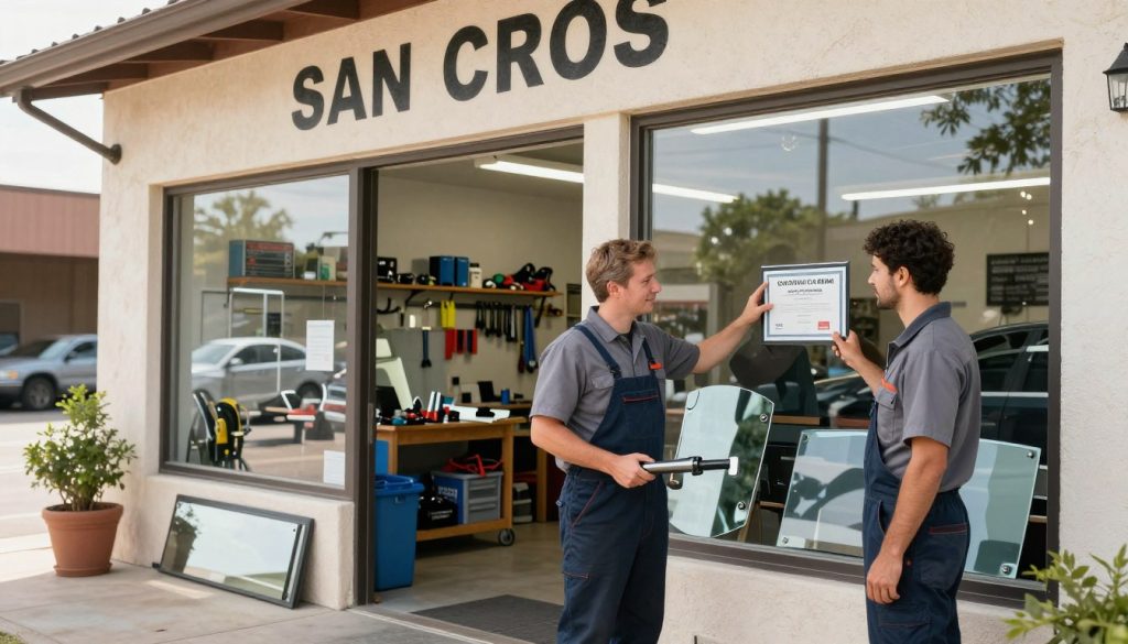 A team of local auto glass experts standing proudly in front of their auto glass shop in San Antonio, showcasing their professionalism and expertise. In the foreground, two technicians in matching uniforms, one holding a windshield replacement tool and the other pointing to a certification badge displayed on the shop window. In the middle, a well-organized workshop with various tools and auto glass parts visible, emphasizing the attention to detail and quality. The background features the shop's name, neatly painted on the facade, surrounded by plants, creating an inviting atmosphere. Bright, natural lighting floods the scene, reflecting a warm, confident mood, captured with a soft-focus lens effect to highlight the technicians and their certification. A team of local auto glass experts standing proudly in front of their auto glass shop in San Antonio, showcasing their professionalism and expertise. In the foreground, two technicians in matching uniforms, one holding a windshield replacement tool and the other pointing to a certification badge displayed on the shop window. In the middle, a well-organized workshop with various tools and auto glass parts visible, emphasizing the attention to detail and quality. The background features the shop's name, neatly painted on the facade, surrounded by plants, creating an inviting atmosphere. Bright, natural lighting floods the scene, reflecting a warm, confident mood, captured with a soft-focus lens effect to highlight the technicians and their certification.