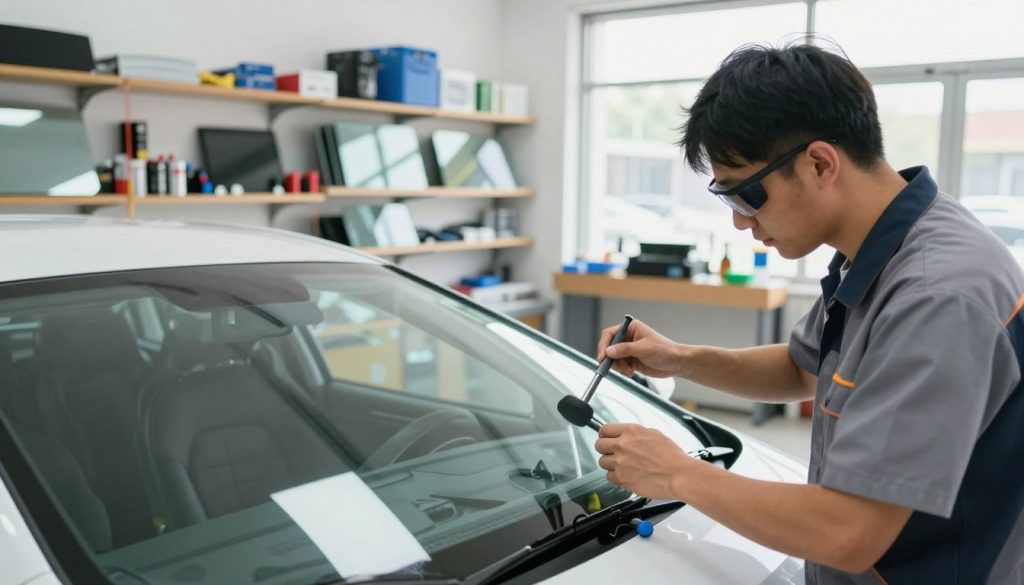 A trusted windshield shop, featuring a professional technician inspecting a high-quality auto glass repair in a bright, clean workshop environment. In the foreground, show the technician wearing a uniform and safety glasses, meticulously checking a windshield with tools in hand. In the middle ground, display shelves lined with different types of auto glass products and equipment, conveying a sense of organization and expertise. The background reveals large windows that flood the space with natural light, creating an inviting atmosphere. Use a slightly elevated angle to capture the action while ensuring the workshop's cleanliness and professionalism are highlighted. The overall mood should convey reliability, trust, and competence in auto glass repair, suitable for reassuring customers about their choices.