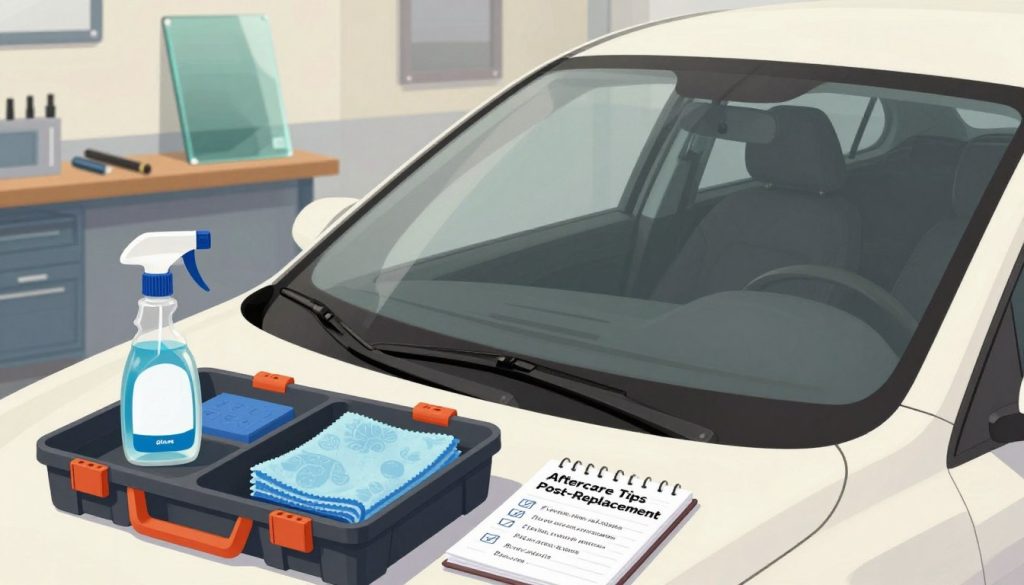 A visually engaging illustration representing "Aftercare Tips Post-Replacement" for auto glass. In the foreground, feature a well-organized toolkit on a clean dashboard, containing items like glass cleaner, microfiber cloths, and a small note pad with aftercare tips neatly written on it. In the middle, depict a freshly replaced car windshield with subtle reflections showing sunlight filtering through. In the background, include a serene, light-filled automotive shop with tools and glass panels visible, conveying a professional atmosphere. Utilize soft, natural lighting to create a warm and inviting mood. The angle should be slightly elevated to capture both the toolkit and the windshield, emphasizing care and attentiveness in auto glass maintenance. A visually engaging illustration representing "Aftercare Tips Post-Replacement" for auto glass. In the foreground, feature a well-organized toolkit on a clean dashboard, containing items like glass cleaner, microfiber cloths, and a small note pad with aftercare tips neatly written on it. In the middle, depict a freshly replaced car windshield with subtle reflections showing sunlight filtering through. In the background, include a serene, light-filled automotive shop with tools and glass panels visible, conveying a professional atmosphere. Utilize soft, natural lighting to create a warm and inviting mood. The angle should be slightly elevated to capture both the toolkit and the windshield, emphasizing care and attentiveness in auto glass maintenance.