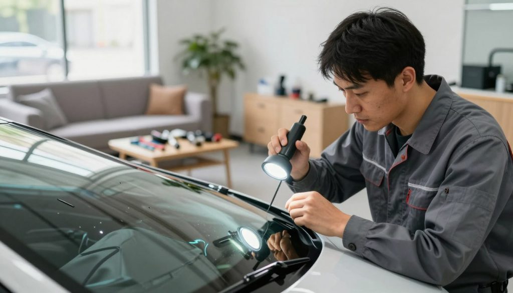 An affordable windshield repair scene in a clean, inviting auto shop. In the foreground, a skilled technician wearing a professional uniform carefully examines a damaged windshield with a bright spotlight illuminating the work area. In the middle ground, various tools are organized neatly on a workbench, highlighting the precision of the repair process. In the background, a cozy waiting area with a comfortable sofa and plant adds warmth. Soft, natural light streams through the shop windows, creating an optimistic and reassuring atmosphere. The image is captured with a slight angle to showcase both the technician's focus and the tools, emphasizing the affordability and professionalism of the windshield repair service.