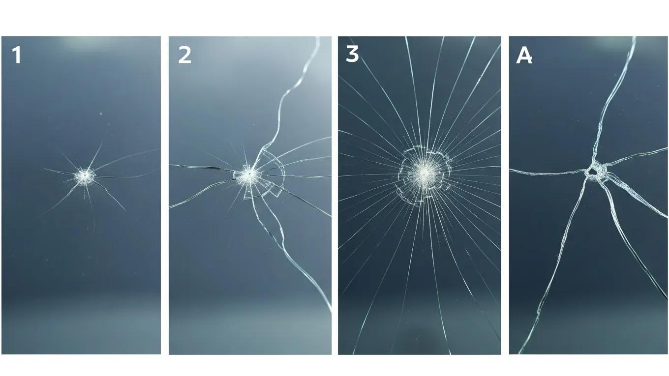 Illustration of the progression from a small windshield chip to a larger crack