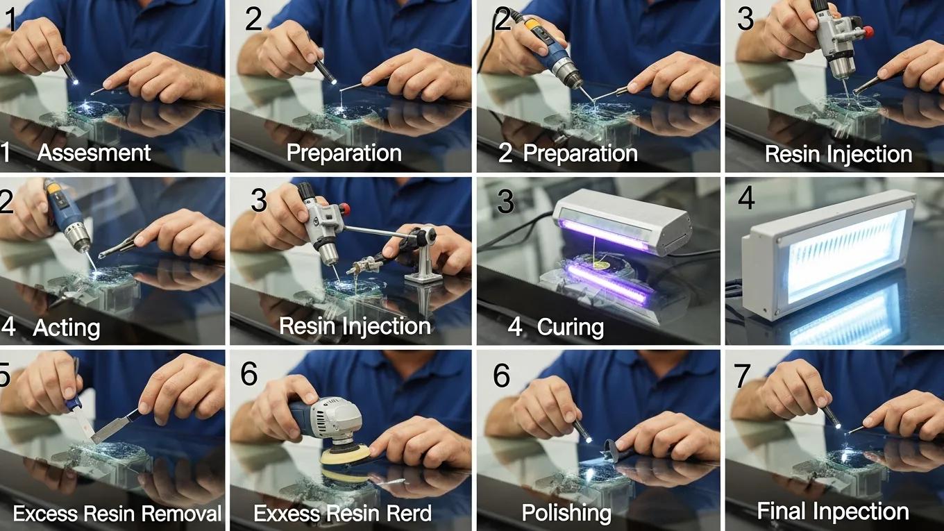 Step-by-step process of windshield chip repair at an auto glass service center
