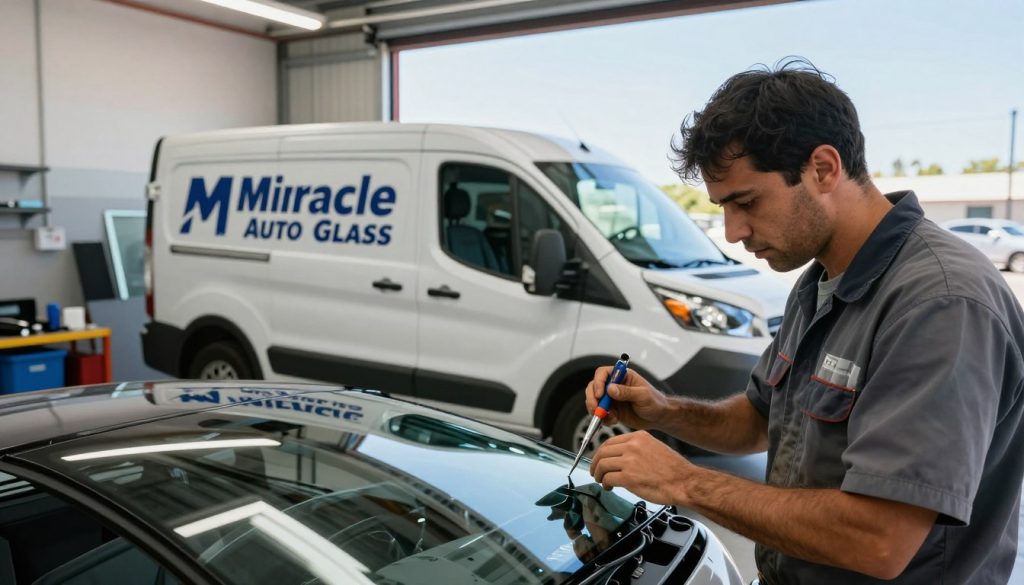A busy auto glass shop scene during the day. In the foreground, a professional technician in a neat uniform examines a damaged windshield with precision tools in hand, showcasing expertise. In the middle, a sleek white van with the Miracle Auto Glass logo is parked at the service bay, partially opened to reveal a work area with auto glass replacements and tools. The background features a clear blue sky, emphasizing a bright and inviting atmosphere, with distant cars passing by, symbolizing the hustle of San Antonio. Soft, natural lighting highlights the technician's focused expression and the shiny glass. The angle captures the essence of efficiency and professionalism in the auto glass replacement process, reflecting a seamless service experience. A busy auto glass shop scene during the day. In the foreground, a professional technician in a neat uniform examines a damaged windshield with precision tools in hand, showcasing expertise. In the middle, a sleek white van with the Miracle Auto Glass logo is parked at the service bay, partially opened to reveal a work area with auto glass replacements and tools. The background features a clear blue sky, emphasizing a bright and inviting atmosphere, with distant cars passing by, symbolizing the hustle of San Antonio. Soft, natural lighting highlights the technician's focused expression and the shiny glass. The angle captures the essence of efficiency and professionalism in the auto glass replacement process, reflecting a seamless service experience.