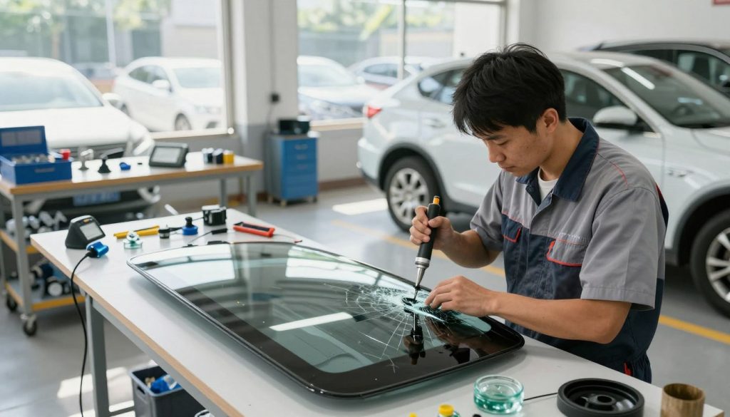 A busy windshield repair service scene showcases a modern workshop illuminated by bright, natural daylight streaming through large windows. In the foreground, a skilled technician in a neat uniform, focused on applying a specialized resin to a cracked windshield, holds a precision tool with steady hands. The middle ground features a well-organized workstation equipped with tools like glass suction cups and UV lamps, alongside a rolling cart holding spare parts. In the background, various vehicles await repair, hinting at the bustling nature of the business. The atmosphere is professional and energetic, capturing the thorough and efficient essence of the windshield repair process amid a sense of urgency and expertise. The angle is slightly angled from above, providing a comprehensive view of the technician’s work area, with soft shadows enhancing the clarity of the scene.