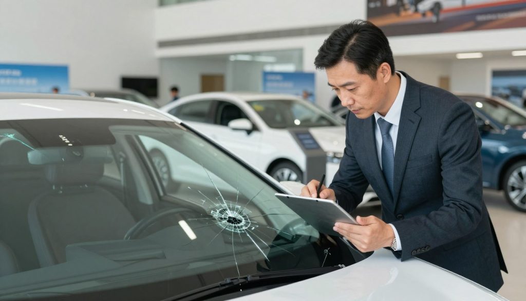 A car dealership setting with an appraisal representative assessing a cracked windshield on a sleek sedan. In the foreground, a middle-aged professional in a neatly pressed suit holds a tablet, closely inspecting the windshield while taking notes. The windshield shows visible cracks reflecting sunlight, emphasizing the damage. In the middle ground, a shiny showroom with various cars on display creates a vibrant atmosphere. The background features dealership banners and bright, fluorescent lighting that enhances the modern look of the space. The angle captures a slight tilt to provide depth, making the viewer feel engaged in the appraisal process. The mood is serious yet focused, highlighting the importance of windshield condition in trade-in evaluations. A car dealership setting with an appraisal representative assessing a cracked windshield on a sleek sedan. In the foreground, a middle-aged professional in a neatly pressed suit holds a tablet, closely inspecting the windshield while taking notes. The windshield shows visible cracks reflecting sunlight, emphasizing the damage. In the middle ground, a shiny showroom with various cars on display creates a vibrant atmosphere. The background features dealership banners and bright, fluorescent lighting that enhances the modern look of the space. The angle captures a slight tilt to provide depth, making the viewer feel engaged in the appraisal process. The mood is serious yet focused, highlighting the importance of windshield condition in trade-in evaluations.