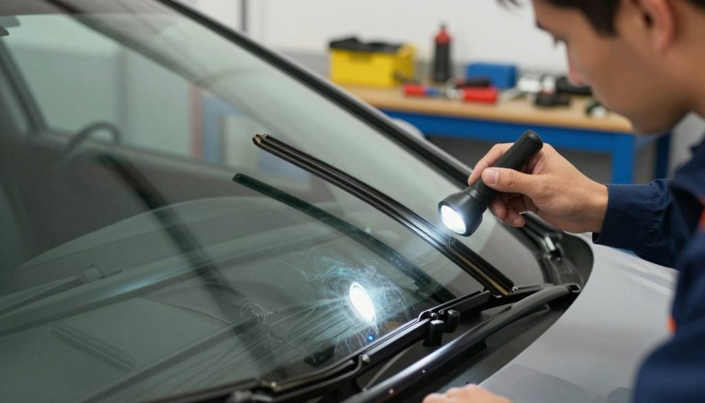 A close-up inspection of windshield wipers and blades in a well-lit garage setting, highlighting the process of checking for wear and functionality. In the foreground, a professional wearing smart casual attire is carefully examining the wipers with a flashlight, showcasing a focus on detail. In the middle, a clear view of the windshield with the wipers partially lifted for inspection, revealing the rubber blades. The background features automotive tools and a workbench, giving an organized workshop feel. Soft, natural lighting filters in, creating an atmosphere of diligence and safety. The camera angle is slightly tilted downwards to emphasize the inspection action, capturing the importance of maintaining vehicle safety. A close-up inspection of windshield wipers and blades in a well-lit garage setting, highlighting the process of checking for wear and functionality. In the foreground, a professional wearing smart casual attire is carefully examining the wipers with a flashlight, showcasing a focus on detail. In the middle, a clear view of the windshield with the wipers partially lifted for inspection, revealing the rubber blades. The background features automotive tools and a workbench, giving an organized workshop feel. Soft, natural lighting filters in, creating an atmosphere of diligence and safety. The camera angle is slightly tilted downwards to emphasize the inspection action, capturing the importance of maintaining vehicle safety.