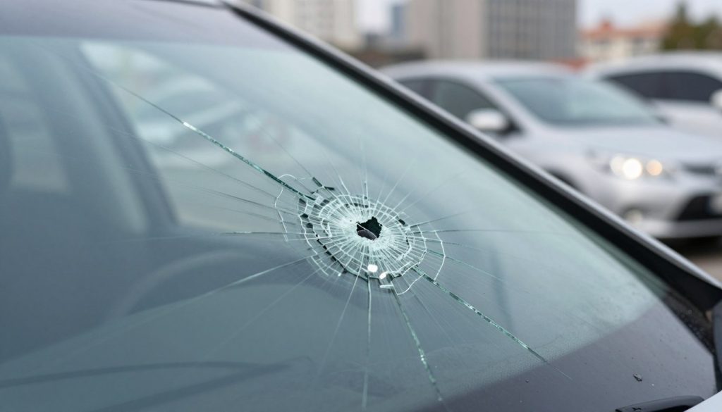 A close-up of a cracked windshield displaying prominent spreading damage, emphasizing a small chip positioned directly in the driver's line of sight. The foreground shows detailed textures of the glass, highlighting the intricate web-like fractures radiating from the chip. In the middle ground, a modern vehicle's dashboard is subtly visible, featuring a safety warning light illuminated. The background is a blurred cityscape under soft, diffused daylight, enhancing the focus on the windshield damage. The mood is serious and cautionary, portraying the urgency of vehicle safety. The lighting is bright yet soft to avoid harsh shadows, lending a clinical feel to the image. The perspective is slightly angled from inside the vehicle, capturing the driver's potential view. A close-up of a cracked windshield displaying prominent spreading damage, emphasizing a small chip positioned directly in the driver's line of sight. The foreground shows detailed textures of the glass, highlighting the intricate web-like fractures radiating from the chip. In the middle ground, a modern vehicle's dashboard is subtly visible, featuring a safety warning light illuminated. The background is a blurred cityscape under soft, diffused daylight, enhancing the focus on the windshield damage. The mood is serious and cautionary, portraying the urgency of vehicle safety. The lighting is bright yet soft to avoid harsh shadows, lending a clinical feel to the image. The perspective is slightly angled from inside the vehicle, capturing the driver's potential view.