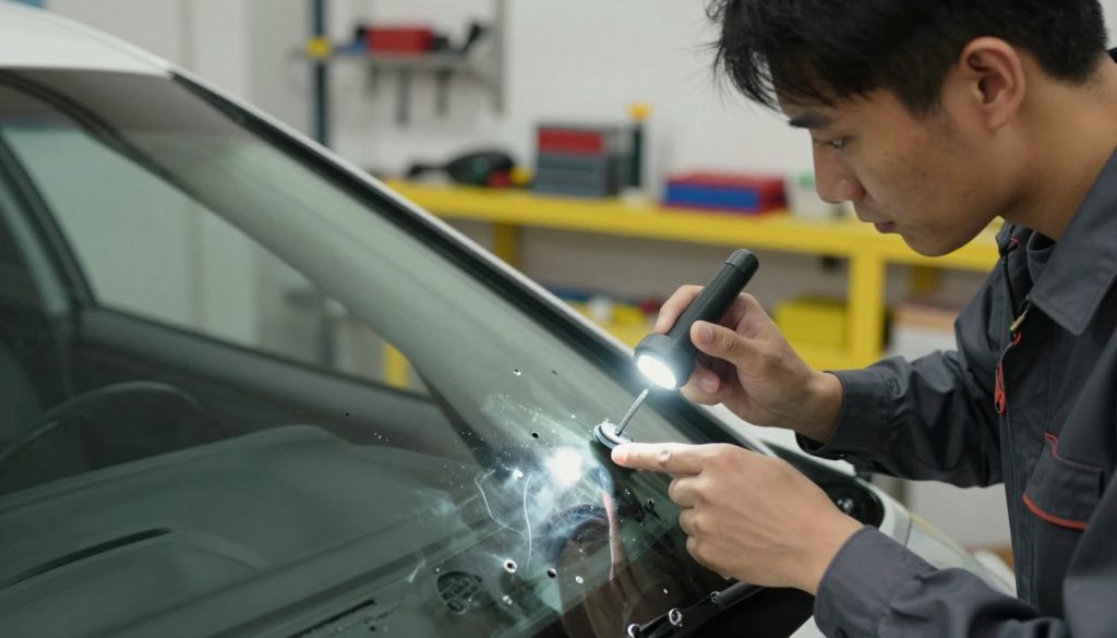 A close-up of a professional windshield technician carefully inspecting a damaged car windshield with a bright LED work light illuminating the area. In the foreground, the technician, dressed in a clean, dark uniform, focuses on a small chip located right in the driver's line of sight. The middle ground features tools such as a suction cup and resin applicator neatly arranged, emphasizing the repair process. The background showcases an indoor auto repair shop with tools and equipment neatly organized, conveying a sense of professionalism and safety. Soft, warm lighting enhances the atmosphere, suggesting a positive and reassuring environment for vehicle owners. The angle is slightly tilted to capture both the technician's concentrated expression and the damaged windshield. A close-up of a professional windshield technician carefully inspecting a damaged car windshield with a bright LED work light illuminating the area. In the foreground, the technician, dressed in a clean, dark uniform, focuses on a small chip located right in the driver's line of sight. The middle ground features tools such as a suction cup and resin applicator neatly arranged, emphasizing the repair process. The background showcases an indoor auto repair shop with tools and equipment neatly organized, conveying a sense of professionalism and safety. Soft, warm lighting enhances the atmosphere, suggesting a positive and reassuring environment for vehicle owners. The angle is slightly tilted to capture both the technician's concentrated expression and the damaged windshield.
