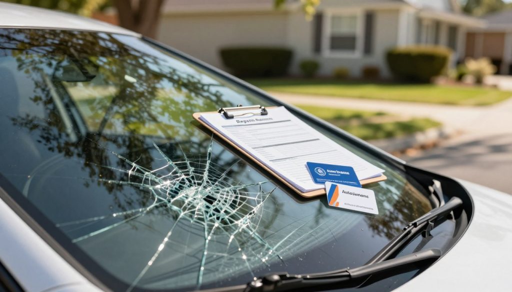 A close-up scene of a cracked windshield on a car parked in a suburban driveway, with sunlight filtering through the trees casting dappled light on the glass. In the foreground, focus on the intricate details of the crack, highlighting its jagged edges and the sunlight glinting off the glass surface. In the middle ground, a clipboard with a repair estimate and a couple of business cards from local auto glass repair shops sits neatly on the car hood, emphasizing choice and service quality. In the background, soft blurred outlines of a house and garden can be seen, establishing a peaceful residential setting. The mood is informative yet reassuring, with warm, inviting colors suggesting trust and reliability in auto insurance coverage.