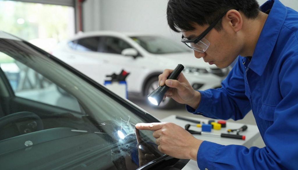 A close-up scene of a professional technician inspecting a car windshield for damage. In the foreground, the technician, dressed in a crisp, blue shirt and safety glasses, examines a small crack with a bright flashlight. The middle ground shows a well-lit garage environment, with windshield repair tools neatly organized on a workbench. In the background, several vehicles are parked, emphasizing an auto repair workshop atmosphere. Natural daylight filters through a nearby window, creating a soft, inviting glow that highlights the details of the windshield. The mood conveys diligence and attention to detail, illustrating the importance of identifying signs of wear for potential repair or replacement. The composition is sharp, focused on the technician's careful inspection while maintaining a clean professional aesthetic.