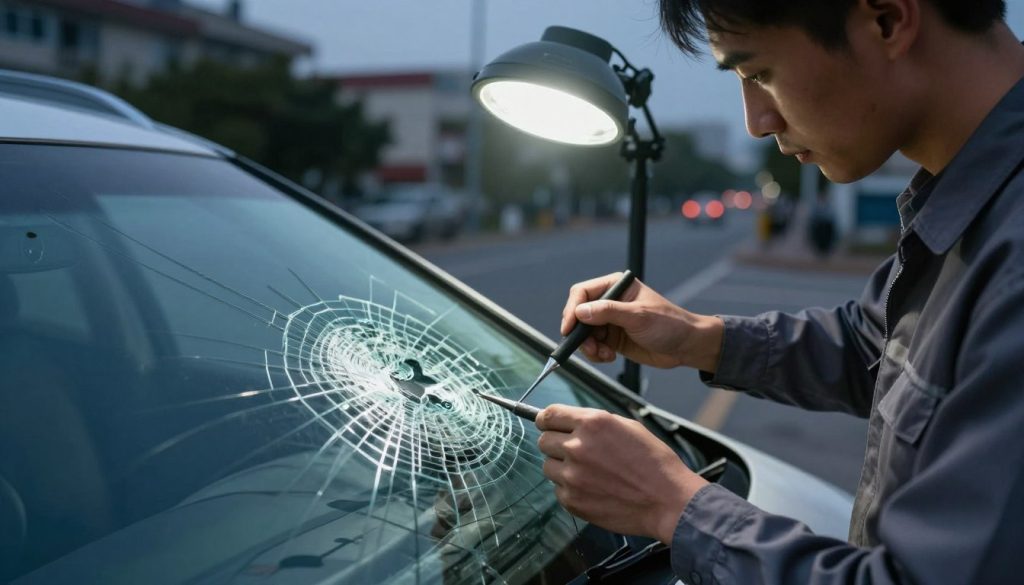 A close-up scene of a professional windshield repair technician working meticulously on a cracked windshield at dusk. In the foreground, highlight the technician dressed in a well-fitted uniform, with tools in hand, focused on the repair process. In the middle ground, the vehicle is parked under a bright repair light, illuminating the cracked glass, which shows intricate damage patterns. The background features a softly lit urban street, with faint outlines of buildings and trees, creating an evening ambiance. The lighting casts gentle shadows, enhancing the mood of urgency and professionalism. Capture the image with a slightly low-angle, emphasizing both the technician's dedication and the cracked windshield. The overall atmosphere should evoke a sense of prompt and efficient service during an unexpected nighttime situation.
