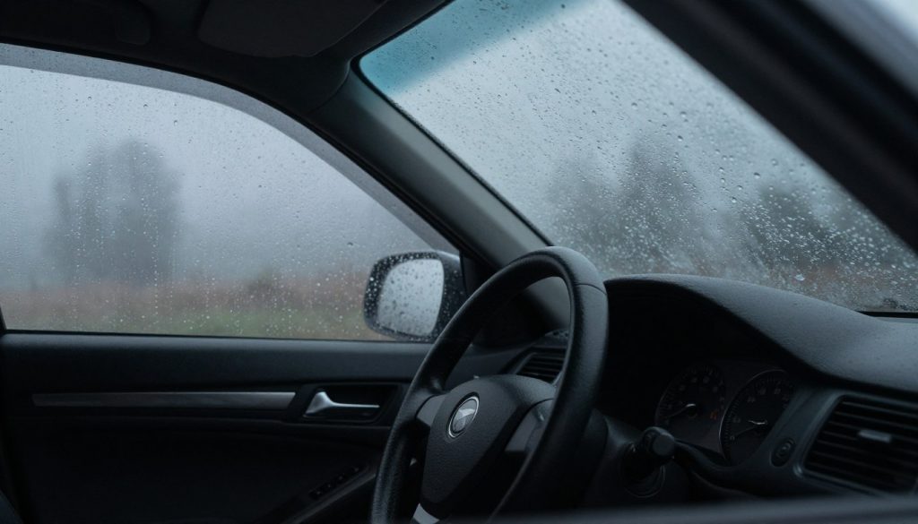 A close-up view from inside a car focusing on an interior windshield fogged up due to humid conditions. The foreground features blurred droplets of condensation dripping down the glass, casting soft reflections of the car's dashboard and dials. In the middle, a driver's seat is depicted, with the steering wheel and partially open door framing the scene. The background reveals a dimly lit, foggy landscape obscured by the windshield, creating an atmosphere of isolation and anxiety. The lighting is low and moody, with a soft diffused glow emanating from the dashboard, enhancing the foggy effect. The overall mood is tense, conveying the difficulty in seeing through the fogged glass while driving.