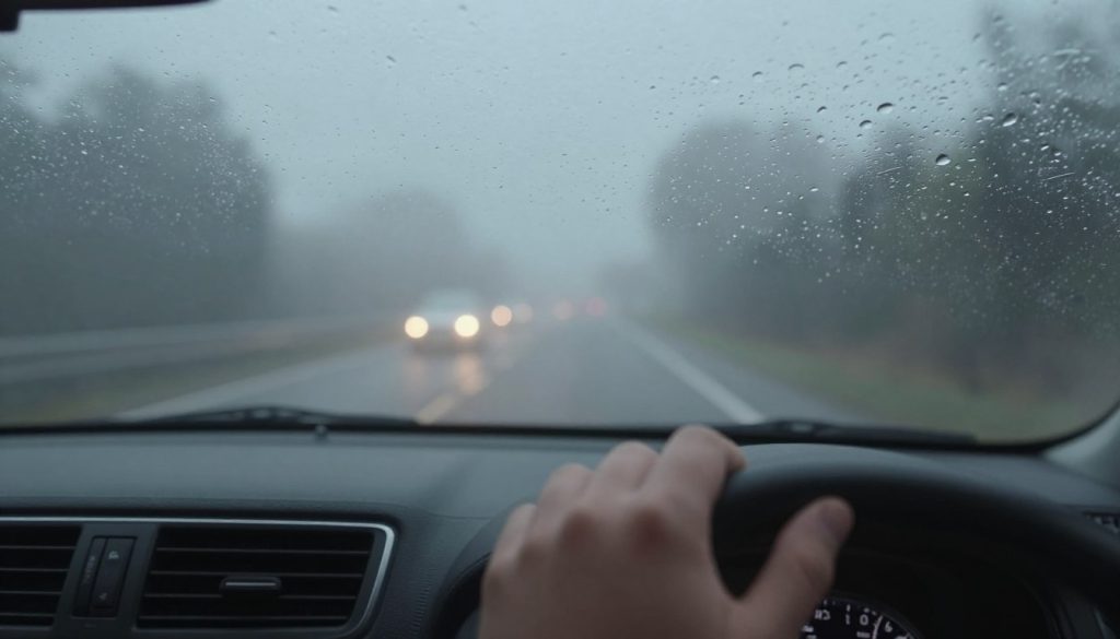 A close-up view from inside a car looking out through a foggy windshield, showing water droplets and condensation. In the foreground, the driver's hands are gently adjusting the defroster controls, emphasizing safety and focus. The middle layer features the blurred outlines of a road, headlights of oncoming vehicles creating soft, diffused light through the fog. In the background, trees and silhouettes of distant buildings create a subtle, misty atmosphere. The lighting is soft and ambient, evoking a serene yet cautionary mood for safe driving during foggy conditions. Use a wide-angle lens effect to capture both the interior and the foggy landscape, ensuring a clear yet atmospheric representation without any text or distractions.