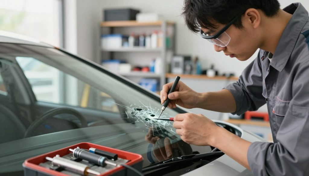 A close-up view of a busy and professional windshield repair technician working diligently on a cracked windshield in a well-lit auto repair shop. The technician, wearing a neat uniform and safety glasses, is applying a resin to the damage with precision. In the foreground, there's a toolkit containing repair tools like injectors and scrapers, showcasing a meticulous work environment. The background features clean, organized shelves filled with automotive supplies, enhancing the feeling of professionalism. Soft, natural light filters through a nearby window, casting gentle shadows and creating a warm, inviting atmosphere that conveys trust and expertise in vehicle maintenance. The image should evoke diligence and the importance of timely repair, suitable for a busy parent's perspective. A close-up view of a busy and professional windshield repair technician working diligently on a cracked windshield in a well-lit auto repair shop. The technician, wearing a neat uniform and safety glasses, is applying a resin to the damage with precision. In the foreground, there's a toolkit containing repair tools like injectors and scrapers, showcasing a meticulous work environment. The background features clean, organized shelves filled with automotive supplies, enhancing the feeling of professionalism. Soft, natural light filters through a nearby window, casting gentle shadows and creating a warm, inviting atmosphere that conveys trust and expertise in vehicle maintenance. The image should evoke diligence and the importance of timely repair, suitable for a busy parent's perspective.