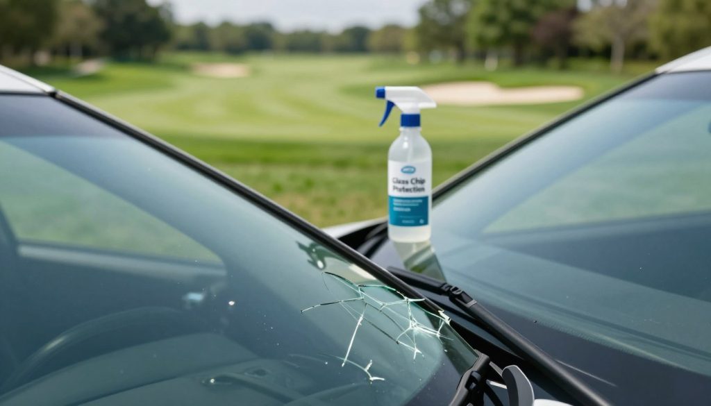 A close-up view of a car windshield featuring a noticeable glass chip, positioned prominently in the foreground. The chip is highlighted with subtle lighting to accentuate its cracks and imperfections, creating a sharp contrast against the smooth surface of the glass. In the middle ground, a spray bottle labeled "Glass Chip Protection" sits nearby, suggesting preventative measures. The background shows a blurred golf course landscape under a sunny sky, with vibrant green grass and a distant sand trap, enhancing the setting without distraction. The image should evoke a sense of urgency but also reassurance, capturing the importance of protecting the windshield before repairs. The overall mood is professional and informative, with natural lighting illuminating the entire scene.