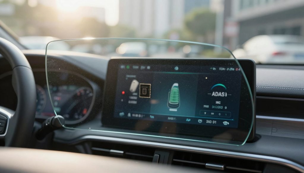 A close-up view of a car windshield showcasing crystal-clear glass clarity, emphasizing the visibility required for Advanced Driver Assistance Systems (ADAS) to function optimally. In the foreground, intricate details of a small chip on the glass are highlighted, with light reflections creating a glimmering effect. The middle layer features a high-tech dashboard display with digital readouts pertinent to ADAS performance, subtly blurred to keep the focus on the windshield. The background depicts an urban environment, slightly out of focus, with bright sunlight streaming through, enhancing the transparency and clarity of the glass. The mood is informative and professional, conveying the importance of maintenance for safety. The scene is well-lit, suggesting early morning or late afternoon, with soft shadows enhancing depth.