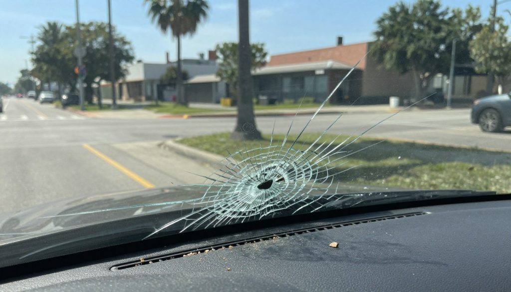 A close-up view of a cracked windshield displaying significant damage from road debris encountered on San Antonio roads. In the foreground, focus on the intricate pattern of cracks spreading across the glass, highlighting its vulnerability. The middle ground should include hints of dust and small pebbles on the dashboard, emphasizing the wear from everyday driving. In the background, softly blurred images of a typical San Antonio urban environment with recognizable palm trees and sun-drenched streets. Natural sunlight filters through the windshield, casting subtle reflections and creating a poignant atmosphere of neglect. Capture this scene from a slightly elevated angle to convey depth, while maintaining sharp focus on the windshield damage, illustrating the everyday reality of maintaining a vehicle in this setting.