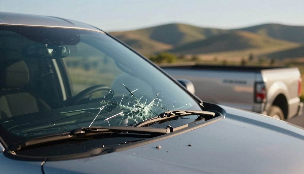 A close-up view of a cracked windshield on a Ford F-150 truck, highlighting the damage caused by a rock chip. In the foreground, the shattered glass is prominently displayed, with sharp edges glistening in the sunlight. In the middle ground, the sleek body of the truck is visible, with a polished surface reflecting the surrounding scenery. The background should be a blurred image of a picturesque hill country landscape, featuring rolling hills and a clear blue sky, creating a contrast between the natural beauty and the damage. Use warm, natural lighting to evoke a serious yet contemplative mood, emphasizing the potential costs of ignoring windshield damage. The focus should be sharp on the windshield while softly blurring the truck and landscape to draw attention to the key issue. A close-up view of a cracked windshield on a Ford F-150 truck, highlighting the damage caused by a rock chip. In the foreground, the shattered glass is prominently displayed, with sharp edges glistening in the sunlight. In the middle ground, the sleek body of the truck is visible, with a polished surface reflecting the surrounding scenery. The background should be a blurred image of a picturesque hill country landscape, featuring rolling hills and a clear blue sky, creating a contrast between the natural beauty and the damage. Use warm, natural lighting to evoke a serious yet contemplative mood, emphasizing the potential costs of ignoring windshield damage. The focus should be sharp on the windshield while softly blurring the truck and landscape to draw attention to the key issue.