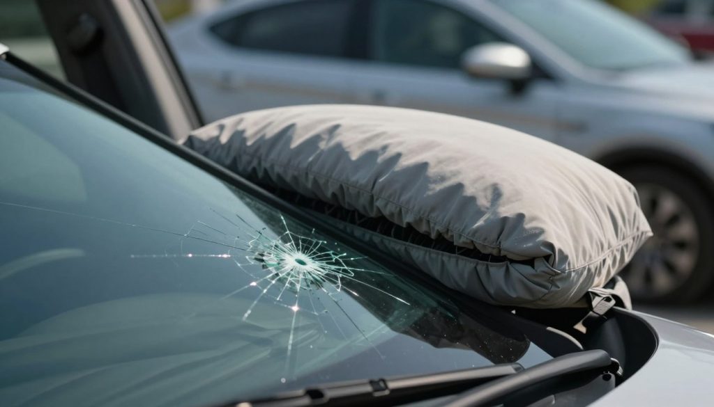 A close-up view of a damaged windshield in the foreground, showcasing cracks and chips, with delicate reflections of light glimmering on the glass surface. In the middle ground, an airbag is partially deployed, highlighted by soft, diffused lighting to emphasize its texture and design. The background features the interior of a vehicle, blurred to create depth, yet still identifiable as a modern car's dashboard. The mood conveys tension and urgency, capturing the critical relationship between windshield integrity and airbag effectiveness. The image should be shot from a slightly elevated angle, with a shallow depth of field to focus on the windshield damage and airbag while subtly suggesting the overall vehicle environment. A close-up view of a damaged windshield in the foreground, showcasing cracks and chips, with delicate reflections of light glimmering on the glass surface. In the middle ground, an airbag is partially deployed, highlighted by soft, diffused lighting to emphasize its texture and design. The background features the interior of a vehicle, blurred to create depth, yet still identifiable as a modern car's dashboard. The mood conveys tension and urgency, capturing the critical relationship between windshield integrity and airbag effectiveness. The image should be shot from a slightly elevated angle, with a shallow depth of field to focus on the windshield damage and airbag while subtly suggesting the overall vehicle environment.