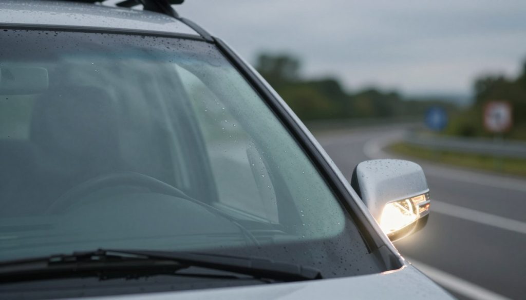 A close-up view of a family vehicle parked under a soft, overcast sky, demonstrating a pre-road-trip check. In the foreground, showcase the windshield with activated wipers moving rhythmically across it, glistening with droplets of water. The middle layer features a detailed view of the vehicle’s headlights and taillights, illuminated and showcasing their brightness against the dreary backdrop. In the background, add blurred trees and road signs indicating a winding road, enhancing the sense of preparation for a journey. The atmosphere is practical and focused, with an emphasis on vehicle safety. Use natural lighting to create a slightly dim ambiance, reflecting a cloudy day, and ensure a professional, earnest mood without distractions or unnecessary clutter. A close-up view of a family vehicle parked under a soft, overcast sky, demonstrating a pre-road-trip check. In the foreground, showcase the windshield with activated wipers moving rhythmically across it, glistening with droplets of water. The middle layer features a detailed view of the vehicle’s headlights and taillights, illuminated and showcasing their brightness against the dreary backdrop. In the background, add blurred trees and road signs indicating a winding road, enhancing the sense of preparation for a journey. The atmosphere is practical and focused, with an emphasis on vehicle safety. Use natural lighting to create a slightly dim ambiance, reflecting a cloudy day, and ensure a professional, earnest mood without distractions or unnecessary clutter.