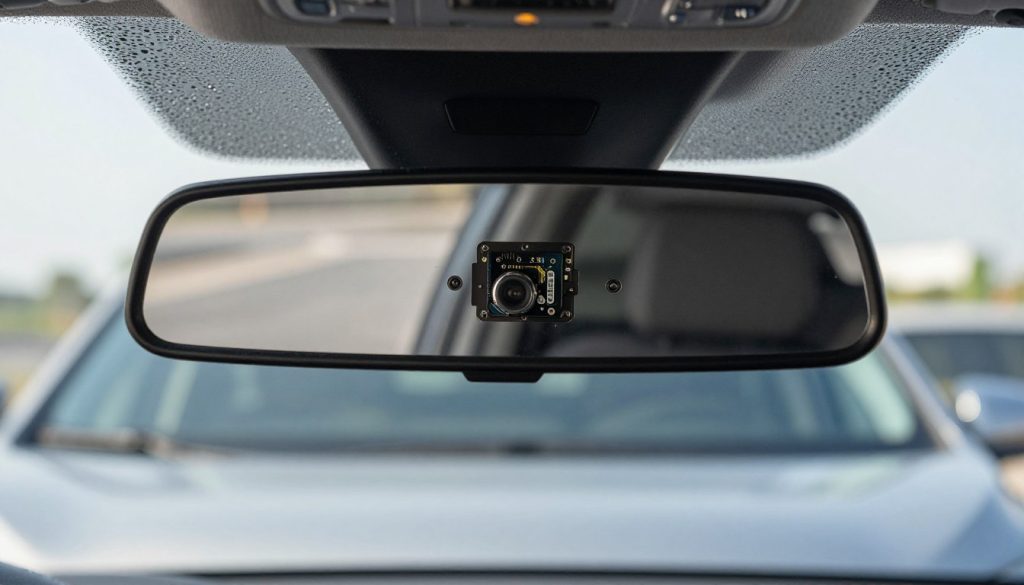A close-up view of a modern windshield showcasing the rain sensor located behind the rearview mirror of a Kia Sportage. The foreground features a clear, well-defined rearview mirror framed by the sleek, tinted edges of the windshield. In the middle ground, the rain sensor itself is highlighted, capturing the intricate details of its design, including sensors and circuitry nestled against the glass surface. The background exhibits a soft-focus view of the car’s interior, maintaining a clean, unobtrusive aesthetic. The lighting is natural, with sunlight filtering through the windshield, creating gentle reflections that enhance the sensor’s visibility. The atmosphere conveys a sense of advanced technology seamlessly integrated into everyday vehicles.