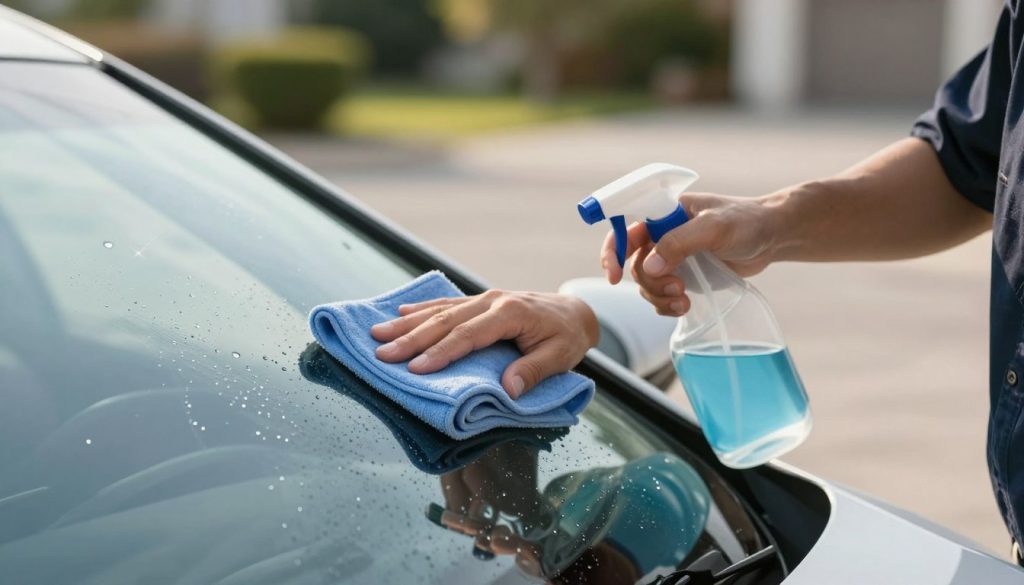 A close-up view of a person cleaning a car windshield using a microfiber cloth and a spray bottle filled with glass cleaner. The foreground features the glistening glass surface reflecting soft morning daylight, with droplets of cleaner creating a sparkle effect. The person is dressed in a smart, casual outfit, focused intently on the task, demonstrating proper technique to avoid glare. In the middle ground, the car's sleek body is partially visible, emphasizing the context of automotive care. The background is slightly blurred, showing a well-maintained driveway with greenery, contributing to a calm, professional atmosphere. The composition utilizes natural lighting to enhance clarity and reduce glare, capturing a serene yet purposeful mood in the scene.