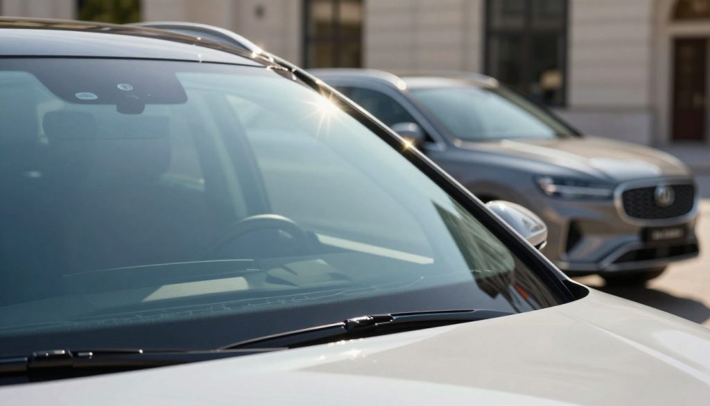 A close-up view of a premium SUV’s windshield, showcasing its advanced safety features and high-quality glass material. The foreground highlights the glass with intricate details, emphasizing its strength and clarity. In the middle ground, the sleek silhouette of the SUV is partially visible, illustrating luxury design. The background features a soft-focus urban environment with high-end architecture, creating a sophisticated atmosphere. The lighting is bright and natural, highlighting reflections on the windshield, while a slight lens flare enhances the premium feel. The overall mood conveys safety, quality, and value, making it clear that this premium standard is essential for modern vehicles. A close-up view of a premium SUV’s windshield, showcasing its advanced safety features and high-quality glass material. The foreground highlights the glass with intricate details, emphasizing its strength and clarity. In the middle ground, the sleek silhouette of the SUV is partially visible, illustrating luxury design. The background features a soft-focus urban environment with high-end architecture, creating a sophisticated atmosphere. The lighting is bright and natural, highlighting reflections on the windshield, while a slight lens flare enhances the premium feel. The overall mood conveys safety, quality, and value, making it clear that this premium standard is essential for modern vehicles.