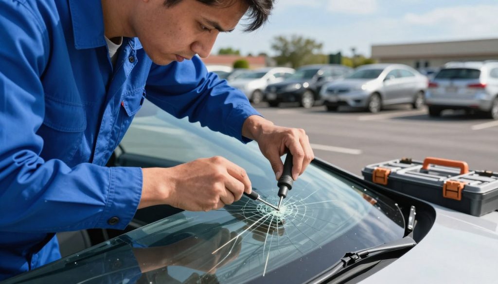 A close-up view of a technician expertly repairing a windshield chip in a parking lot. The foreground features the technician, dressed in a smart blue uniform, using specialized tools to apply resin to the damaged area. The middle ground showcases the windshield with visible cracks reflecting sunlight, while a toolbox lies open nearby. In the background, well-parked cars and a clear blue sky create a typical parking lot atmosphere. Soft, natural lighting highlights the technician's focused expression, emphasizing their professionalism. The angle is slightly tilted to capture both the repair process and the surrounding environment, conveying a sense of urgency and care. The mood is one of diligence and dedication to quality service.