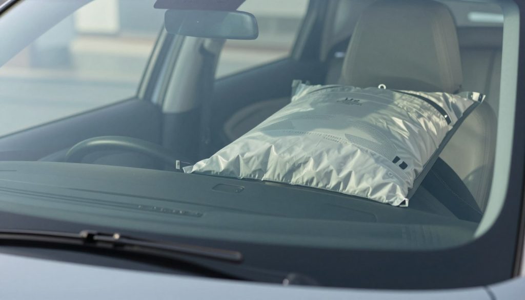 A close-up view of a vehicle's windshield and passenger airbag deployment system, featuring a detailed focus on the intricate relationship between the windshield and airbag. In the foreground, showcase the windshield with subtle reflections of the interior cabin, emphasizing clarity and structural integrity. The middle layer reveals the passenger airbag, partially deployed, showcasing its design and safety features, with the vehicle's dashboard subtly visible. The background should be softly blurred but hint at a modern car interior, illuminated by soft, natural daylight streaming through the windshield. Capture a professional, informative atmosphere that highlights the importance of this safety mechanism, using a slightly elevated angle for clarity, and aim for a realistic and instructive feel, free from distractions or overlays. A close-up view of a vehicle's windshield and passenger airbag deployment system, featuring a detailed focus on the intricate relationship between the windshield and airbag. In the foreground, showcase the windshield with subtle reflections of the interior cabin, emphasizing clarity and structural integrity. The middle layer reveals the passenger airbag, partially deployed, showcasing its design and safety features, with the vehicle's dashboard subtly visible. The background should be softly blurred but hint at a modern car interior, illuminated by soft, natural daylight streaming through the windshield. Capture a professional, informative atmosphere that highlights the importance of this safety mechanism, using a slightly elevated angle for clarity, and aim for a realistic and instructive feel, free from distractions or overlays.