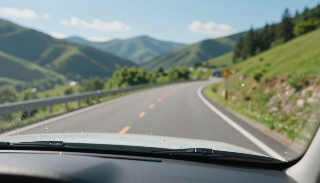 A close-up view of a well-maintained windshield in a scenic hill country setting, showcasing clear visibility. In the foreground, water droplets glisten on the glass, highlighting the effectiveness of a windshield care product. The middle ground features a picturesque winding road, flanked by lush greenery and rolling hills under a bright blue sky. The background includes distant mountains, creating an inviting atmosphere. Soft, natural lighting emphasizes the clarity of the windshield, while the angle captures the view through it, giving a sense of direction and safety for road trips. The mood is tranquil yet adventurous, inviting drivers to explore the beautiful landscapes with confidence in their vehicle's visibility. A close-up view of a well-maintained windshield in a scenic hill country setting, showcasing clear visibility. In the foreground, water droplets glisten on the glass, highlighting the effectiveness of a windshield care product. The middle ground features a picturesque winding road, flanked by lush greenery and rolling hills under a bright blue sky. The background includes distant mountains, creating an inviting atmosphere. Soft, natural lighting emphasizes the clarity of the windshield, while the angle captures the view through it, giving a sense of direction and safety for road trips. The mood is tranquil yet adventurous, inviting drivers to explore the beautiful landscapes with confidence in their vehicle's visibility.