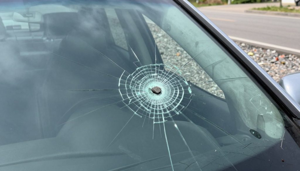 A close-up view of a windshield displaying damage from a recent rock impact, with visible cracks radiating outward from the center of impact. The foreground focuses on the shattered glass, highlighting the jagged edges and fragmented patterns created by the collision. In the middle ground, a subtly blurred vehicle interior is visible through the cracked glass, suggesting a quick response by the driver. The background features a quiet road bordered by gravel and scattered debris, emphasizing the source of the damage. Natural daylight illuminates the scene, casting soft reflections on the glass surface, enhancing the vulnerability of the windshield. The mood is tense yet informative, capturing the urgency of assessing the damage while remaining calm and composed.
