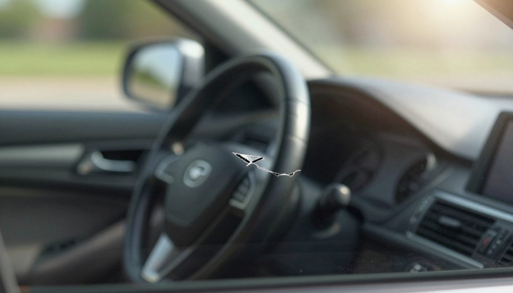 A close-up view of a windshield featuring a small chip located near the driver's line of sight. The focus is on the chip, showcasing its jagged edges and the way it refracts light. The foreground captures the intricate details of the chip, revealing a slight sheen from sunlight reflecting off the glass. In the middle ground, the car's dashboard and steering wheel are subtly blurred, suggesting the driver's perspective. The background hints at a sunny day outside, with soft, diffused light filtering through the windshield. The atmosphere is tense, hinting at potential danger as the chip threatens to spread into a crack. The image should evoke a sense of urgency and awareness, emphasizing the importance of recognizing such damage in a vehicle.
