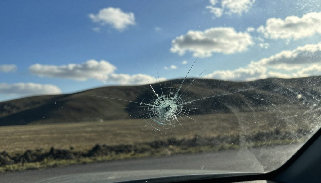 A close-up view of a windshield under the intense afternoon sun, highlighting the effects of temperature-related glass stress. In the foreground, showcase small chips and cracks in the glass with intricate surface details, capturing the refracted light shimmering off the damaged areas. The middle ground features a blurred silhouette of rolling hill country, emphasizing the environmental factors contributing to the stress. In the background, a brilliant blue sky with scattered clouds enhances the brightness, symbolizing the extreme temperature fluctuations. The lighting is natural, casting soft shadows on the glass surface to enhance its texture. Use a shallow depth of field to keep the focus on the windshield, creating a tense yet informative atmosphere that reflects the risks of temperature changes. A close-up view of a windshield under the intense afternoon sun, highlighting the effects of temperature-related glass stress. In the foreground, showcase small chips and cracks in the glass with intricate surface details, capturing the refracted light shimmering off the damaged areas. The middle ground features a blurred silhouette of rolling hill country, emphasizing the environmental factors contributing to the stress. In the background, a brilliant blue sky with scattered clouds enhances the brightness, symbolizing the extreme temperature fluctuations. The lighting is natural, casting soft shadows on the glass surface to enhance its texture. Use a shallow depth of field to keep the focus on the windshield, creating a tense yet informative atmosphere that reflects the risks of temperature changes.