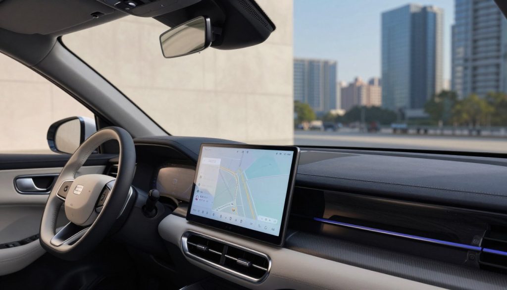 A close-up view of an advanced vehicle windshield showcasing cutting-edge technology. In the foreground, focus on the sleek, tinted glass with embedded sensors and display technology that enhances driver visibility and safety. The middle ground features a premium SUV interior, highlighting the dashboard's interface that interacts with the windshield's features, including augmented reality navigation. In the background, a well-lit modern cityscape reflects off the windshield, symbolizing sophistication and innovation. Use soft, natural lighting to create a high-end atmosphere, and employ a slight tilt-angle to capture depth and perspective. Emphasize a sense of luxury, with a clean and refined aesthetic that appeals to premium vehicle enthusiasts. A close-up view of an advanced vehicle windshield showcasing cutting-edge technology. In the foreground, focus on the sleek, tinted glass with embedded sensors and display technology that enhances driver visibility and safety. The middle ground features a premium SUV interior, highlighting the dashboard's interface that interacts with the windshield's features, including augmented reality navigation. In the background, a well-lit modern cityscape reflects off the windshield, symbolizing sophistication and innovation. Use soft, natural lighting to create a high-end atmosphere, and employ a slight tilt-angle to capture depth and perspective. Emphasize a sense of luxury, with a clean and refined aesthetic that appeals to premium vehicle enthusiasts.