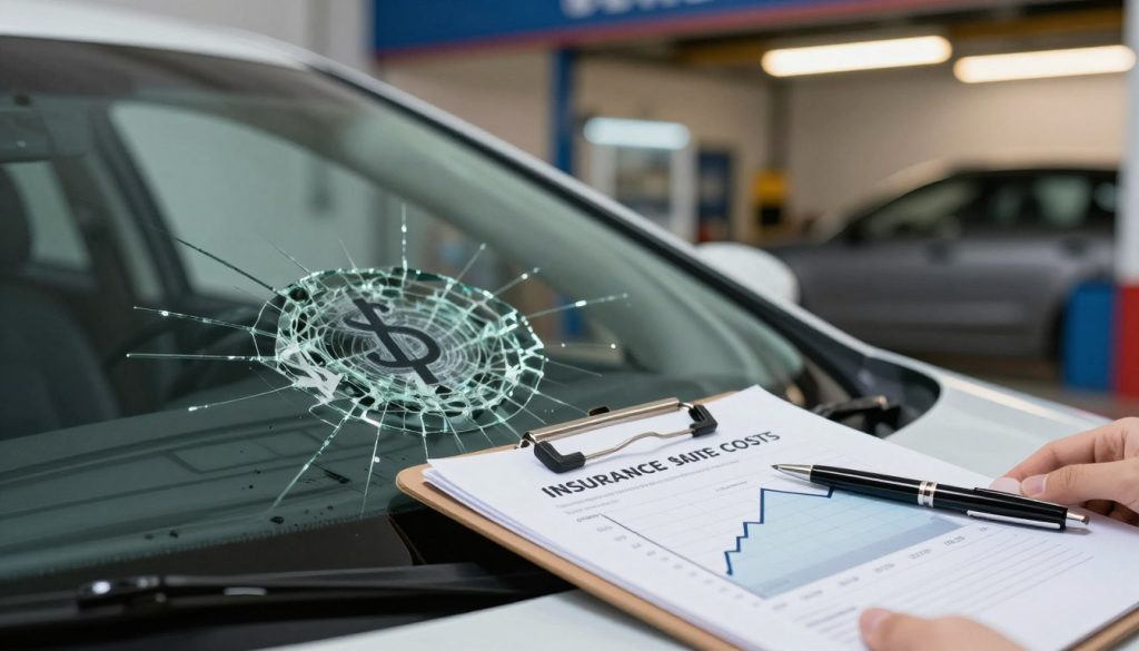 A detailed composition focusing on the concept of auto glass repair costs intertwined with insurance considerations. In the foreground, a shattered car windshield is partially visible, with a dollar sign subtly etched into the glass fragments, symbolizing cost. In the middle, a clipboard on a table displays charts showing insurance pricing trends, with a pen resting beside it, emphasizing the business aspect. The background features a blurred auto repair shop, illuminated by warm overhead lights, creating a contrast between urgency and professionalism. The atmosphere is serious yet informative, ideal for executives contemplating swift decisions. The image should evoke a sense of urgency and financial awareness, captured from a slightly elevated angle for depth.