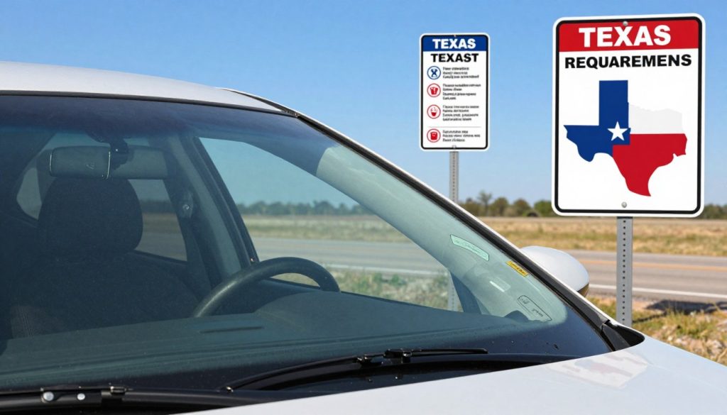 A detailed illustration of Texas windshield safety requirements, emphasizing visibility and compliance. In the foreground, a clear view of a car windshield with highlighted safety features such as clear line-of-sight, no obstructions, and intact glass. The middle ground shows a road sign indicating safety regulations specific to Texas, with elements like a checklist or icons representing key requirements. The background features a Texas landscape, symbolizing the state’s identity, with blue skies and open roads. Use bright, natural lighting to enhance visibility. The composition should convey a sense of clarity and safety, evoking trust and professionalism. Capture the image with a slightly elevated angle, portraying a wide perspective that draws attention to both the car and the road environment.