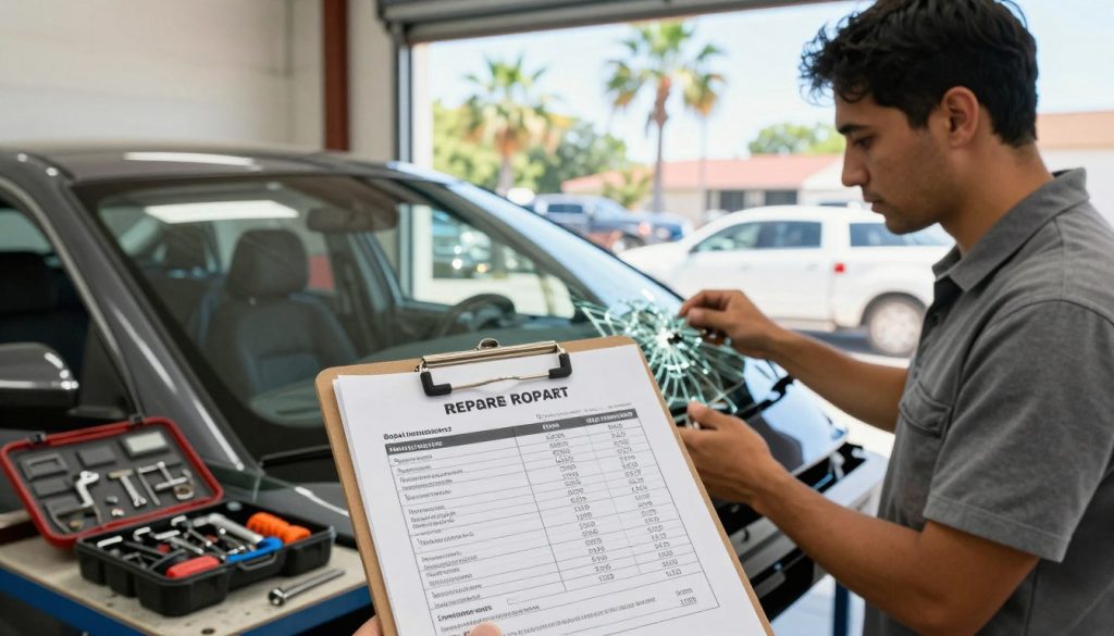 A detailed scene depicting an auto glass repair shop interior, showcasing a professional technician in modest attire examining a cracked windshield under bright, natural lighting. In the foreground, a clipboard with a breakdown of repair costs and insurance options is prominently displayed. The middle ground features various auto glass repair tools and kits neatly organized on a workbench. In the background, a large window allows sunlight to pour in, illuminating the vibrant colors of a sunny San Antonio day outside, with palm trees swaying gently. The mood is proactive and informative, emphasizing the importance of timely repairs and insurance considerations for vehicle owners. The focus is sharp, highlighting the technician's engaged expression as they evaluate the damage. A detailed scene depicting an auto glass repair shop interior, showcasing a professional technician in modest attire examining a cracked windshield under bright, natural lighting. In the foreground, a clipboard with a breakdown of repair costs and insurance options is prominently displayed. The middle ground features various auto glass repair tools and kits neatly organized on a workbench. In the background, a large window allows sunlight to pour in, illuminating the vibrant colors of a sunny San Antonio day outside, with palm trees swaying gently. The mood is proactive and informative, emphasizing the importance of timely repairs and insurance considerations for vehicle owners. The focus is sharp, highlighting the technician's engaged expression as they evaluate the damage.