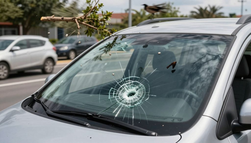 A detailed scene depicting common causes of minivan windshield damage. In the foreground, showcase a cracked windshield with clearly visible glass shards and a splintered impact point. In the middle ground, illustrate various scenarios such as a fallen tree branch, pebbles flying from a tire during a drive, and a bird striking the glass, each with visual indicators of threat to the windshield. In the background, present an urban environment with passing vehicles, trees swaying in the wind, and a hint of a cloudy sky to suggest potential weather-related issues. The scene should have natural daylight casting soft shadows, highlighting the damage while maintaining a focus on the minivan. Aim for a realistic and informative atmosphere that conveys caution without being alarming. A detailed scene depicting common causes of minivan windshield damage. In the foreground, showcase a cracked windshield with clearly visible glass shards and a splintered impact point. In the middle ground, illustrate various scenarios such as a fallen tree branch, pebbles flying from a tire during a drive, and a bird striking the glass, each with visual indicators of threat to the windshield. In the background, present an urban environment with passing vehicles, trees swaying in the wind, and a hint of a cloudy sky to suggest potential weather-related issues. The scene should have natural daylight casting soft shadows, highlighting the damage while maintaining a focus on the minivan. Aim for a realistic and informative atmosphere that conveys caution without being alarming.