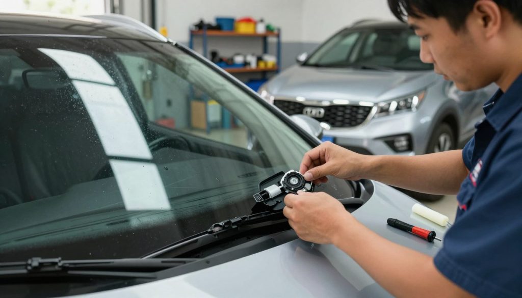 A detailed scene depicting the replacement of a rain sensor windshield on a Kia Sportage. In the foreground, a skilled technician in a professional uniform is carefully installing a new windshield, focused on aligning the rain sensor components accurately. The middle ground features the sleek contours of the Sportage, with identifiable features like the unique grille and headlights. Tools like a suction cup and adhesive can be seen nearby. The background includes a well-lit garage environment, with tools and parts organized on shelves. Natural light filters through the garage door, creating a bright and efficient atmosphere. The composition is shot from a slight angle to emphasize the technician's precision and the complexity of the windshield technology.
