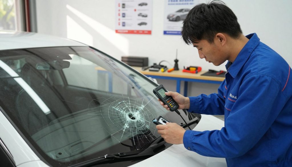 A detailed scene illustrating the decision-making process between windshield repair and replacement. In the foreground, a professional technician in a crisp blue uniform inspects a cracked windshield with a handheld digital gauge. The middle ground features a car parked in a well-lit garage, showcasing two options: a partially repaired windshield on one side and a brand new windshield on the other. Background elements include tools neatly organized on a workbench and posters about safety checks on the walls. Natural light streams through a window, casting soft shadows. The atmosphere is focused and professional, reflecting the importance of making informed choices about vehicle safety. A detailed scene illustrating the decision-making process between windshield repair and replacement. In the foreground, a professional technician in a crisp blue uniform inspects a cracked windshield with a handheld digital gauge. The middle ground features a car parked in a well-lit garage, showcasing two options: a partially repaired windshield on one side and a brand new windshield on the other. Background elements include tools neatly organized on a workbench and posters about safety checks on the walls. Natural light streams through a window, casting soft shadows. The atmosphere is focused and professional, reflecting the importance of making informed choices about vehicle safety.