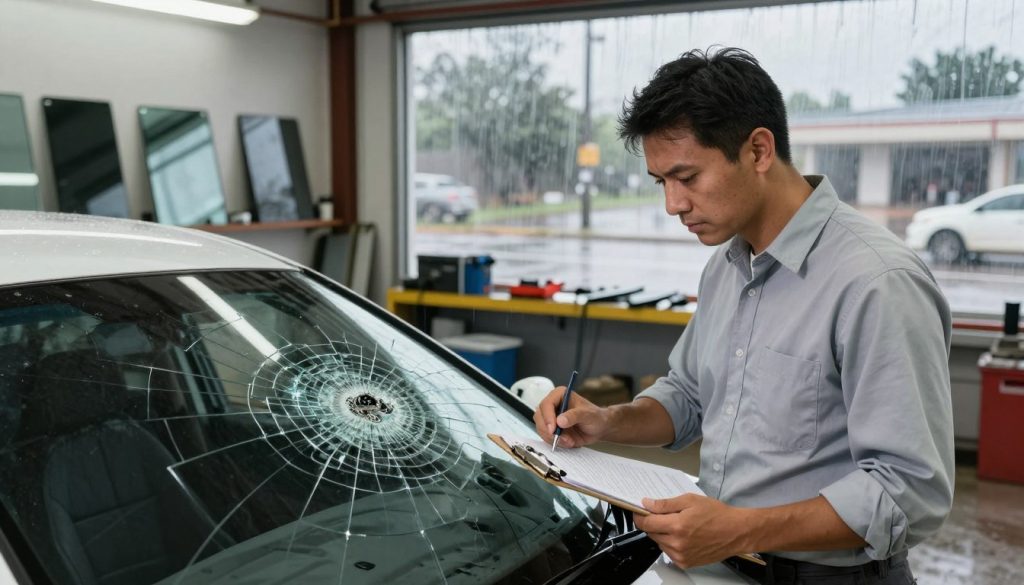 A detailed scene showing a professional assessing a damaged windshield in San Antonio after a storm. In the foreground, a technician in a neat button-up shirt examines a heavily cracked windshield, holding a clipboard with notes. The middle ground features a well-lit auto service shop with tools and replacement glass parts organized neatly. In the background, the remnants of a storm can be seen through the shop's large windows, with rain-soaked streets and a cloudy sky casting a somber mood. The focus is on the technician's serious expression, showcasing the importance of safety in windshield replacement. The lighting is bright and realistic, mimicking natural daylight filtering through the workshop. The angle captures both the technician and the damaged windshield in a compelling composition.