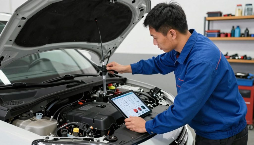 A mechanic in a professional workshop is carefully recalibrating the safety systems of a vehicle after a recent windshield replacement. In the foreground, the mechanic, dressed in a blue work shirt and black pants, is focused on a tablet displaying technical diagrams and calibration tools. The middle ground features the vehicle, with its hood open and the new windshield glinting under bright, natural lighting. In the background, you can see various workshop tools and equipment neatly organized on shelves, contributing to a sense of order and professionalism. The atmosphere is one of precision and attention to detail, emphasizing the importance of safety in vehicle maintenance. The angle is slightly elevated, capturing both the mechanic’s concentration and the intricate process of recalibration.