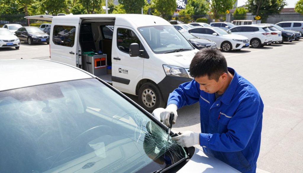 A mobile auto glass service in action at a sunny parking lot. In the foreground, a professional technician in a blue uniform and gloves carefully inspects a cracked windshield on a modern sedan. The technician is using specialized tools, with a focused expression, demonstrating expertise. In the middle ground, a branded service van is parked nearby, open with glass repair kits and equipment visible. The background features rows of cars and trees typical of a bustling parking space, with bright sunlight filtering through. The atmosphere is industrious yet relaxed, showcasing the convenience and efficiency of the service. Employ a high-angle view to capture the entire scene, emphasizing the technician's work and the service vehicle. The lighting is natural and vibrant, creating a sense of responsibility and professionalism.