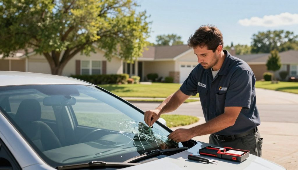 A mobile auto glass service in action, set in a suburban San Antonio neighborhood. In the foreground, a skilled technician dressed in a branded uniform is carefully replacing a cracked windshield on a modern car parked in a driveway. Nearby, a toolbox and essential auto glass repair equipment are neatly arranged. The middle ground features a bright and sunny environment, with lush green trees and a typical suburban home. In the background, a clear blue sky complements the scene, enhancing the warm atmosphere. Soft, natural lighting casts gentle shadows, emphasizing the technician's focused expression. The mood conveys professionalism and reliability, illustrating the convenience of mobile auto glass service. A mobile auto glass service in action, set in a suburban San Antonio neighborhood. In the foreground, a skilled technician dressed in a branded uniform is carefully replacing a cracked windshield on a modern car parked in a driveway. Nearby, a toolbox and essential auto glass repair equipment are neatly arranged. The middle ground features a bright and sunny environment, with lush green trees and a typical suburban home. In the background, a clear blue sky complements the scene, enhancing the warm atmosphere. Soft, natural lighting casts gentle shadows, emphasizing the technician's focused expression. The mood conveys professionalism and reliability, illustrating the convenience of mobile auto glass service.