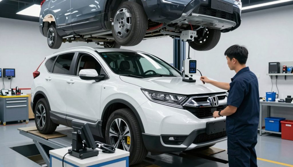 A modern automotive service center showcasing a Honda CR-V undergoing ADAS calibration. In the foreground, a skilled technician, dressed in professional attire, is focused on adjusting the calibration equipment mounted on the vehicle's windshield. The CR-V is set on a service bay, with high-tech diagnostic tools spread out on a nearby workbench. In the middle ground, bright overhead lights illuminate the area, highlighting intricate details of the vehicle's advanced safety systems. The background features a clean, organized workshop with various automotive tools and devices visible, conveying a sense of professionalism and precision. The overall atmosphere is one of competence and advanced technology, emphasizing the importance of proper calibration for safety cameras. A modern automotive service center showcasing a Honda CR-V undergoing ADAS calibration. In the foreground, a skilled technician, dressed in professional attire, is focused on adjusting the calibration equipment mounted on the vehicle's windshield. The CR-V is set on a service bay, with high-tech diagnostic tools spread out on a nearby workbench. In the middle ground, bright overhead lights illuminate the area, highlighting intricate details of the vehicle's advanced safety systems. The background features a clean, organized workshop with various automotive tools and devices visible, conveying a sense of professionalism and precision. The overall atmosphere is one of competence and advanced technology, emphasizing the importance of proper calibration for safety cameras.