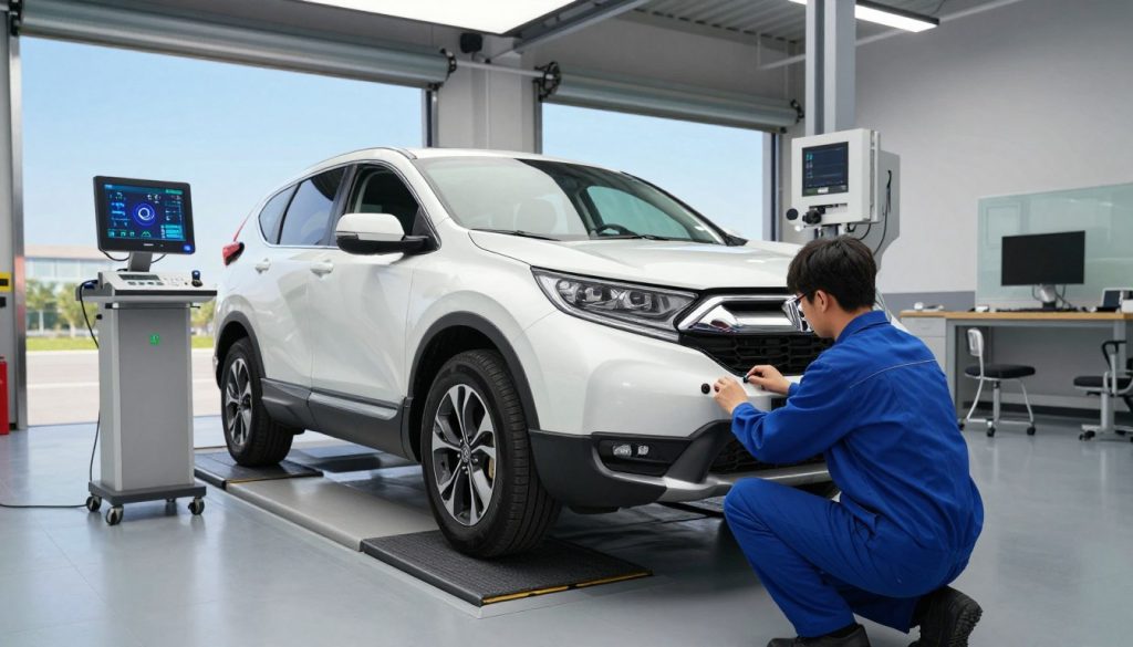 A modern automotive workshop scene depicting the ADAS calibration process for a Honda CR-V. In the foreground, a technician wearing a blue uniform and safety glasses is kneeling beside the vehicle, carefully adjusting sensors on the front bumper. The middle ground features the CR-V on a professional calibration platform, with high-tech diagnostic equipment beside it, glowing with digital displays. In the background, large garage doors open to a well-lit exterior, showcasing a clear blue sky, adding a sense of openness. Soft, even lighting casts minimal shadows, while a focused angle brings attention to the technician's precise work. The atmosphere conveys professionalism and expertise, emphasizing the importance of this calibration process for safety cameras. A modern automotive workshop scene depicting the ADAS calibration process for a Honda CR-V. In the foreground, a technician wearing a blue uniform and safety glasses is kneeling beside the vehicle, carefully adjusting sensors on the front bumper. The middle ground features the CR-V on a professional calibration platform, with high-tech diagnostic equipment beside it, glowing with digital displays. In the background, large garage doors open to a well-lit exterior, showcasing a clear blue sky, adding a sense of openness. Soft, even lighting casts minimal shadows, while a focused angle brings attention to the technician's precise work. The atmosphere conveys professionalism and expertise, emphasizing the importance of this calibration process for safety cameras.