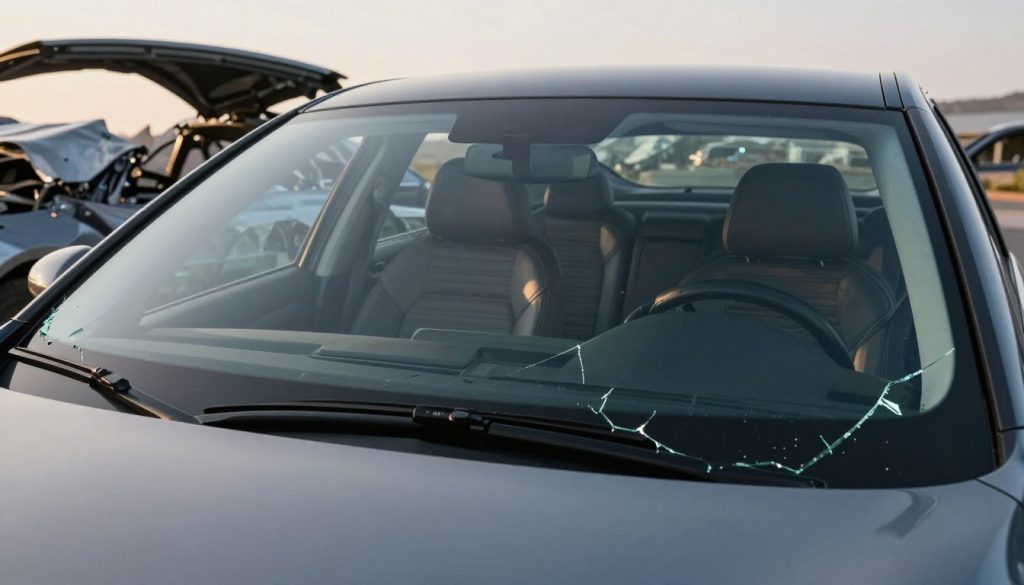A modern car interior, focusing on a prominently displayed windshield, illustrating its structural integrity. In the foreground, a partially shattered windshield reflects splintered glass along the edges, showcasing how it supports the car’s roof during a crash. The middle ground captures the car’s cockpit, designed with advanced safety features like airbags and reinforced frames, while the background features hints of an accident scene with crumpled metal, emphasizing the windshield's role. Soft, natural lighting simulates a late afternoon atmosphere, casting gentle shadows that highlight the glass's contours. The angle is a low perspective shot from inside the vehicle, enhancing the dramatic effect and evoking a sense of safety amidst chaos.