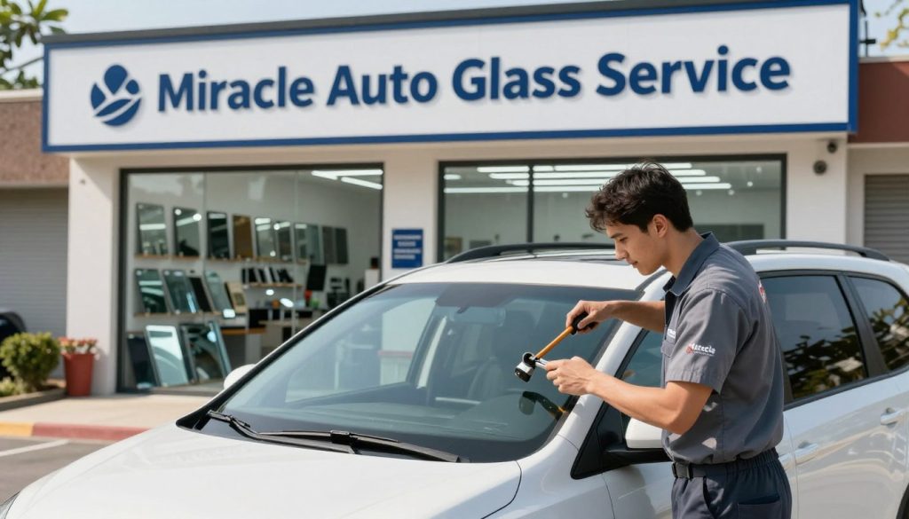 A professional and welcoming "Miracle Auto Glass Service" storefront in a suburban setting, showcasing a well-maintained minivan parked in front. In the foreground, a friendly technician wearing a branded uniform is inspecting the minivan’s windshield, using high-quality tools. The middle ground features a sparkling glass service area with various glass samples on display, emphasizing the commitment to quality. In the background, a clean, modern workshop and the company sign are clearly visible. Bright, natural daylight illuminates the scene, creating a warm and inviting atmosphere. The angle is slightly elevated, allowing for a comprehensive view, capturing the essence of reliability and professionalism in auto glass repair. A professional and welcoming "Miracle Auto Glass Service" storefront in a suburban setting, showcasing a well-maintained minivan parked in front. In the foreground, a friendly technician wearing a branded uniform is inspecting the minivan’s windshield, using high-quality tools. The middle ground features a sparkling glass service area with various glass samples on display, emphasizing the commitment to quality. In the background, a clean, modern workshop and the company sign are clearly visible. Bright, natural daylight illuminates the scene, creating a warm and inviting atmosphere. The angle is slightly elevated, allowing for a comprehensive view, capturing the essence of reliability and professionalism in auto glass repair.