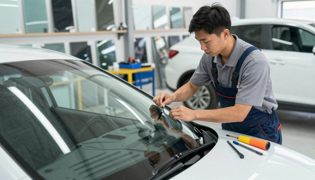 A professional auto glass installation scene, showcasing a skilled technician in a business shirt and work pants, carefully placing a high-quality windshield into a vehicle. The foreground features the technician focusing on aligning the glass perfectly, with tools and sealing materials neatly arranged nearby. In the middle ground, a well-lit workshop filled with various glass types and installation equipment creates a sense of purpose and professionalism. The background shows partially visible vehicles, creating a dynamic working environment. Bright, natural overhead lighting enhances the clarity of the scene, with sharp focus on the technician's meticulous movements, evoking a mood of precision and expertise.